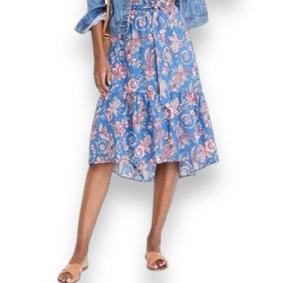 J Crew Skirt WMNS 12 Blue Belted pull-on Midi Liberty Flora Belle K7713 Ruffle - Picture 13 of 13